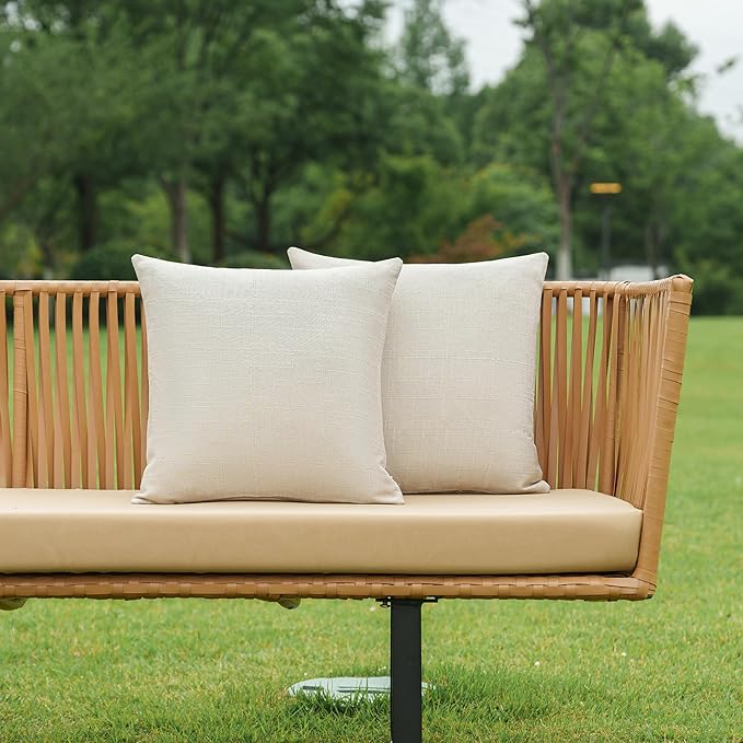 NiNi ALL Pack of 2 Decorative Outdoor Waterproof Pillow Covers Square Linen Textured Garden Cushion Sham Throw Pillowcase Set of 2 for Patio Farmhouse Garden Tent Couch 18x18 Inch Beige