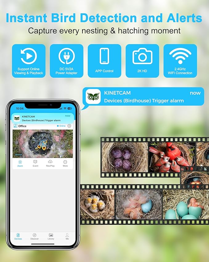 Smart Bird House with Camera for Small Birds Nesting, 2K HD Wi-Fi Bird Watching Cam for Birdhouse, Auto Detect&Notify, Night Vision, APP Control, Wooden Birdhouse with Camera Inside
