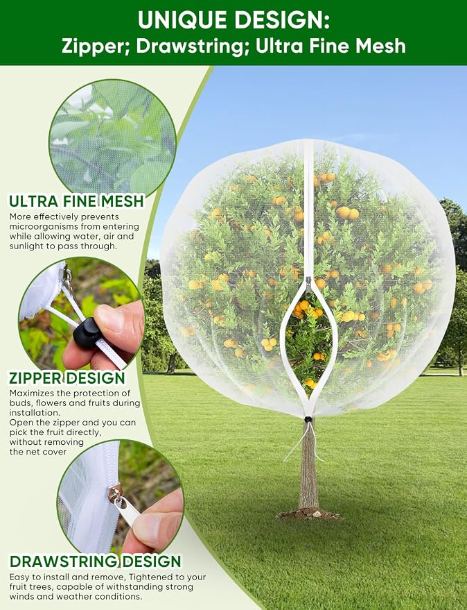 Fruit Tree Netting with Zipper - 4Pcs 5.3 x 8 FT Garden Bird Netting for Blueberry Bushes with Drawstring,Insect Plant Protection Mesh Net Bags for Tomato,Flowers,Animals,Cherry (4, 5.3 x 8 FT)