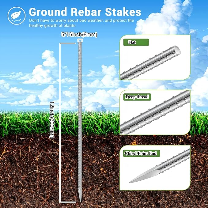 Gisafai 50 Pcs 12 Inch Ground Rebar Stakes Heavy Duty Ground Anchors Steel Plant Support Garden Stake Long Straight Metal Spikes with Chisel Point End for Concrete Timber Garden Plant Tent