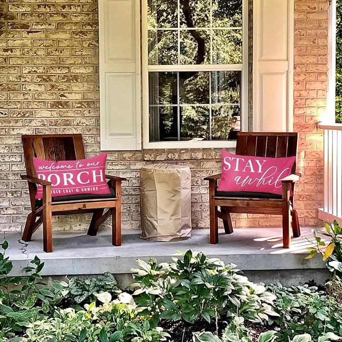 TAJWE Pink Outdoor Pillow Covers Waterproof 12x20 Set of 2 Decorative Welcome to Our Porch Stay Awhile Cushion Cases for Patio Furniture Sofa Couch Decor