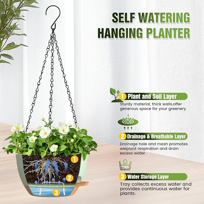 8 Inch Self Watering Hanging Planters, 3 Pack Plastic Plant Pots | Sturdy lightweight pot with side watering lip, drainage holes, snap-on detachable tray & hanging chain for easy care