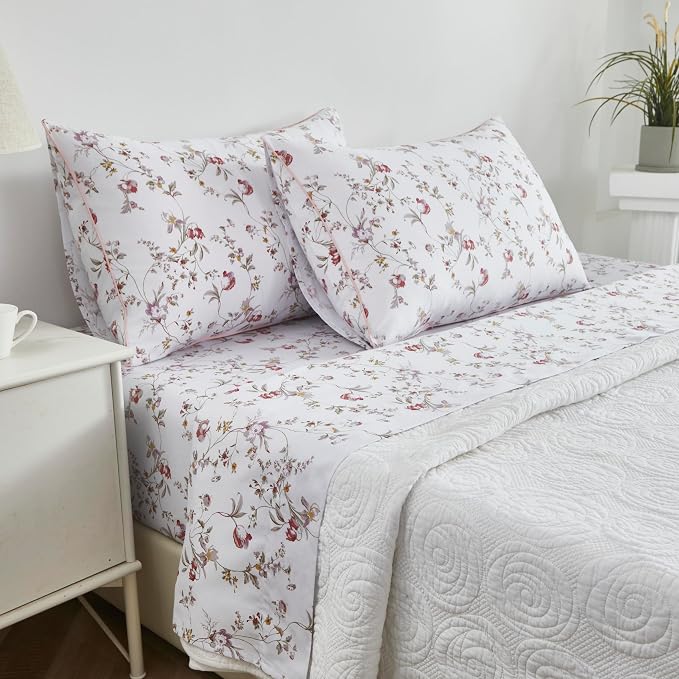 FADFAY Sheets Set Queen Rustic Pink Floral Botanical Bedding Set Luxury 100% Egyptian Cotton Bed Sheet Set Soft Breathable for All Season Bedoom Decor with 17.7 Deep Pocket Fitted Sheet, Queen Size