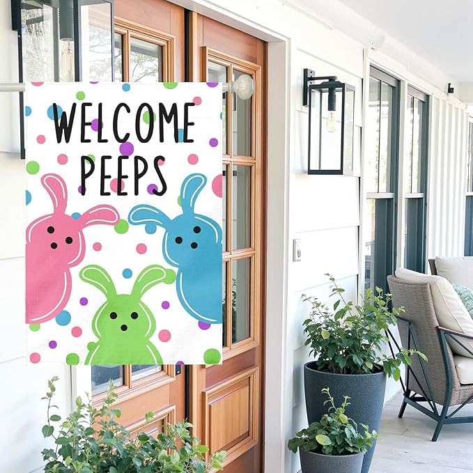 Large Easter House Flag 28x40 Inch Double Sided Welcome Peeps Bunny Flag Colorful Spring Yard Flag Outdoor Porch Cute Rabbit and Egg Pattern Farmhouse Easter Garden Banner for Home Patio Lawn