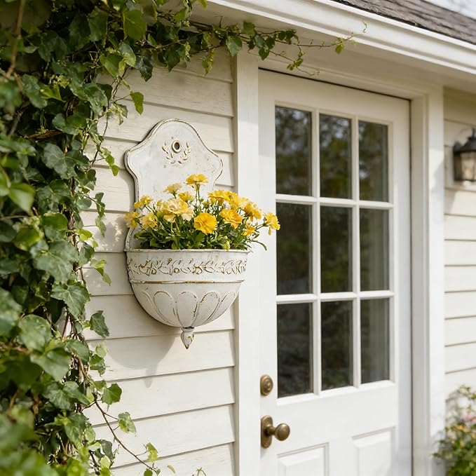 Vintage Rustic Wall Planter Distressed Decor Iron Hanging Plant Basket Shabby Metal Wall Mounted Flower Holder Pot Stand for Indoor Outdoor Home Balcony Patio Farmhouse Garden Decorative Bird White