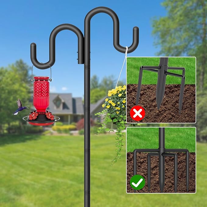 Double Shepherd Hook for Outdoor, 92" Heavy Duty Bird Feeder Pole with 5-Prong Base, Adjustable Thickened Shepherd Hook for Bird Feeder, Flower Baskets, Solar Lights, Lanterns, Black, 2 Pack