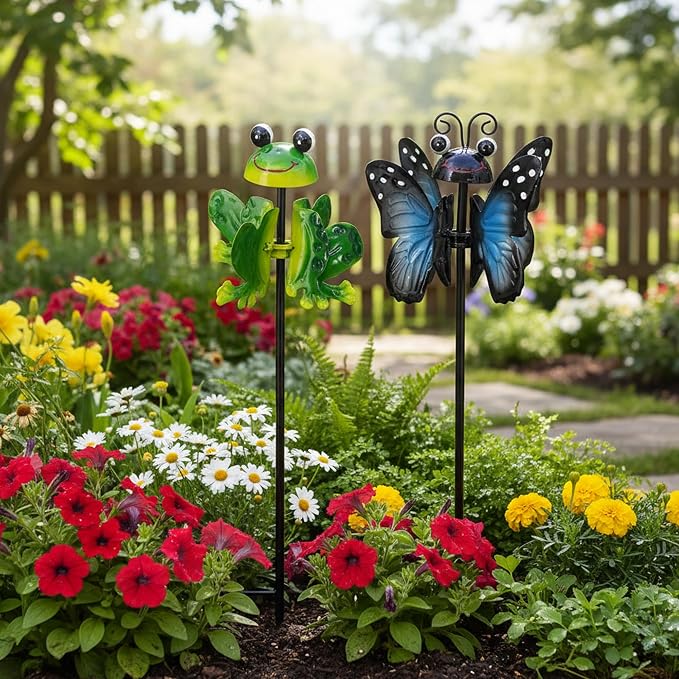 2-Pack Metal Wind Spinners – Exclusive Kinetic Design, Weather-Resistant 360° Rotating Outdoor Garden Art, Unique Yard Decor Gift for Patio Lawn (Frog & Butterfly)
