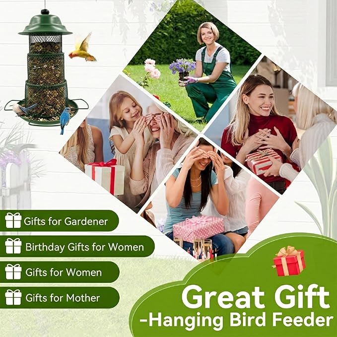 Green Metal Bird Feeder – Squirrel-Resistant Hanging Feeder with 4 Perches | Large Seed Capacity, 360° Mesh for Backyard & Garden, Round