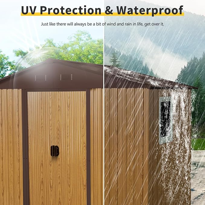 8x4 FT Outdoor Metal Storage Shed with Window, Galvanized Steel Garden Shed, Lockable Sliding Door, Sloped Roof, Ventilated Tool Storage House with Foundation Kit for Backyard Lawn, Coffee