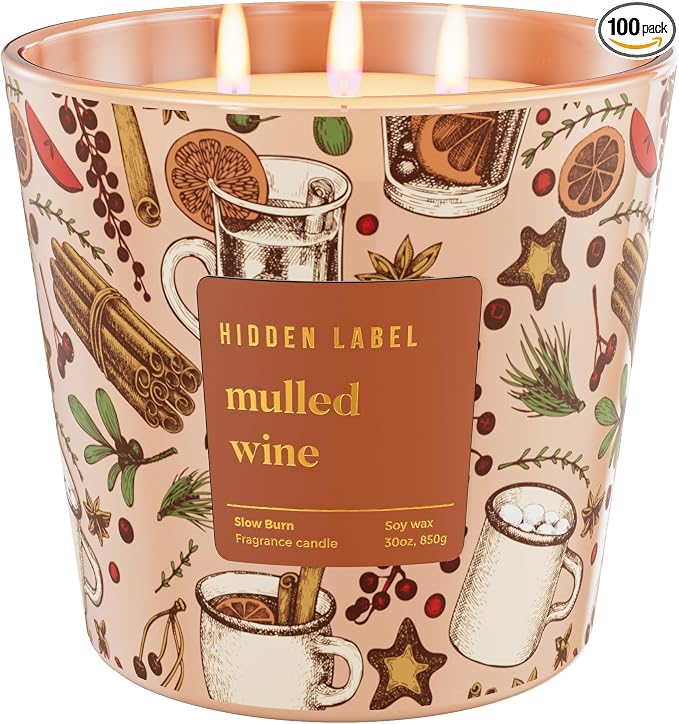 Hidden Label Mulled Wine Scented Candle for Home, 30oz Large 3 Wick Soy Candle, 100H Long Lasting, Cinnamon Orange Clove, Non-Toxic Clean Burn, Christmas Winter Gifts for Women, Holiday Gift