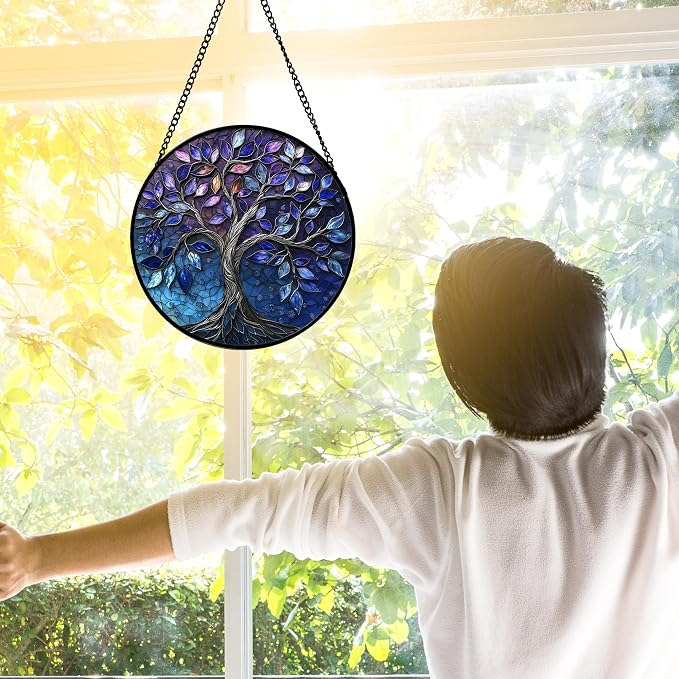DASTOLL Stained Glass Window Hanging, Blue Purple Tree of Life Sun Catchers Colorful Glass Panel Plants Suncatcher Decor for Birthday for Women,Men,Wife, Lovers, and Mom 6.3 in