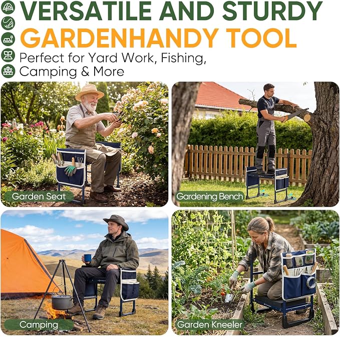 Garden Kneeler and Seat, Foldable Heavy-Duty Anti-Tipping Gardening Bench Stool with Extra-Wide Thickened Kneeling Pad & 2 Tool Pouches, Ideal Gift for Seniors, Gardeners, Women, Men and Dad
