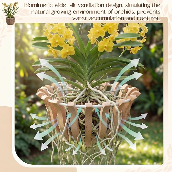 2 Sets Rustic Orchid Pots with Holes, Orchid Hanging Planter with Hangers, Wooden Lotus Flower Shape 10 & 8 Inch Specialist Hanging Baskets for Outdoor Patio Garden