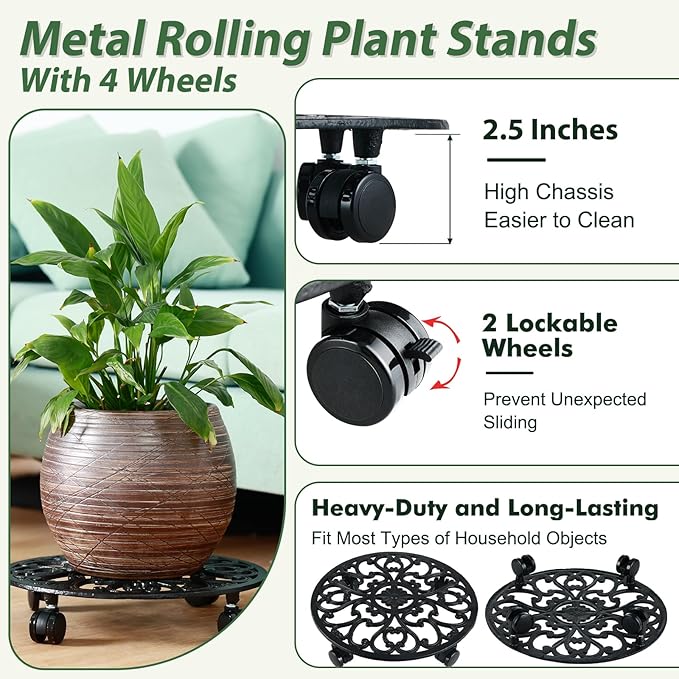 2 Packs 14 Inch Rolling Plant Stand with Wheels Metal Plant Caddy with Wheels Heavy Duty Round Plant Stand Indoor Iron Plants Rollers for Plants, Plant Dolly Planter Caddies