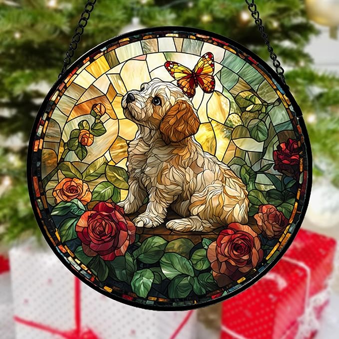 DASTOLL Stained Glass Window Hanging, Cute Dog and Flowers Suncatcher for Doors Home Butterfly Sun Catchers Decoration and Christmas, Mother's Day Birthday Gifts for Women, Men, and Mom 14.9x14.9 in