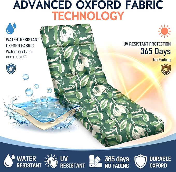 MAGIC ELEPHANT Chaise Lounge Cushion Outdoor, Memory Foam Patio Lounge Chair Cushion with Ties for Outdoor Furniture, 74 x 22 x 4 Inch (Forest Green Tulip)