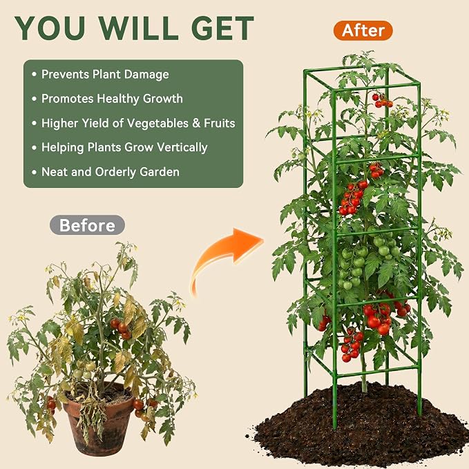 Halatool 2 Pack 72" Tall Square Tomato Cages - Heavy Duty Metal Plant Cage for Indeterminate Tomatoes, Reusable Trellis for Garden Vegetables, Up to 6ft Supports for Peppers, Cucumbers, Raised Beds
