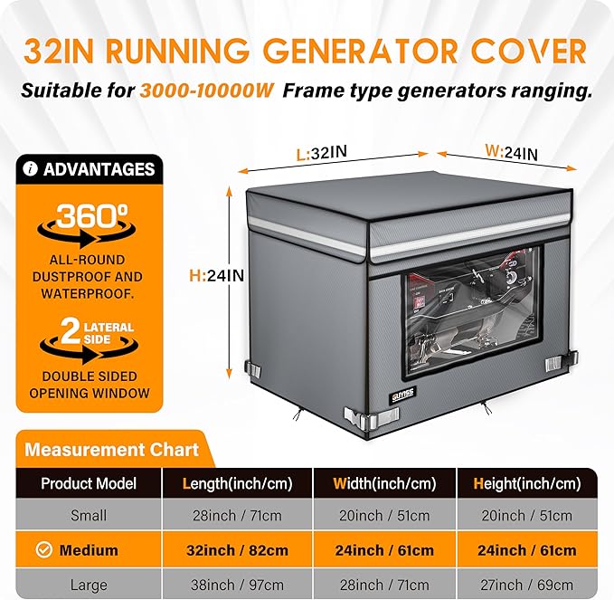 Generator Covers While Running, 32x24x24 inch Generator Cover, 900D+210D Heavy Duty Waterproof, PVC Transparent Visual Operation Window, Top Can Be Opened for Refueling. Gray