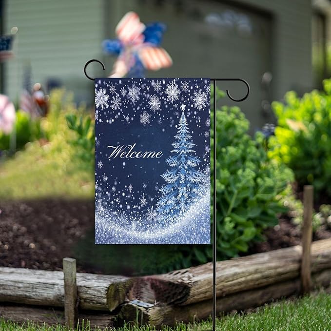 Christmas Tree Blue House Flag 28x40 Inch Double Sided Outside Silver Snowflake Welcome Winter Seasonal Yard Outdoor Flag Banner for Garden Lawn Patio Holiday Decorations
