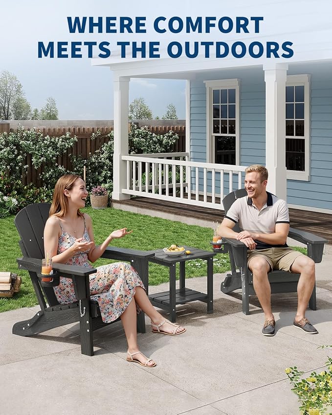 GarveeLife Folding Adirondack Chair Set of 4, All-Weather HDPE Outdoor Chair, Wooden Textured with Cup Holder for patios, Decks, Gardens, fire pits, Grey