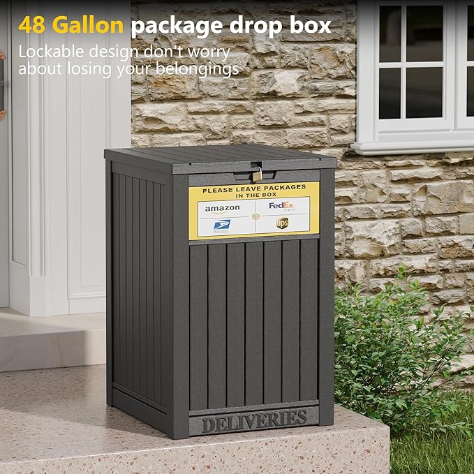 LHBGO Package Delivery Box for Outside, with Delivery Sign 48 Gallon Storage with Lockable Secure, Large Resin Outdoor Package Drop Container