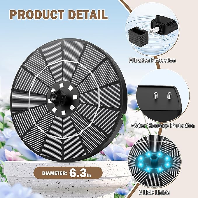 Yzert Solar Fountain for Bird Bath Colorful Lights Automatic Cycle 3.5W Solar Water Fountain Outdoor Garden 2200mAh Battery