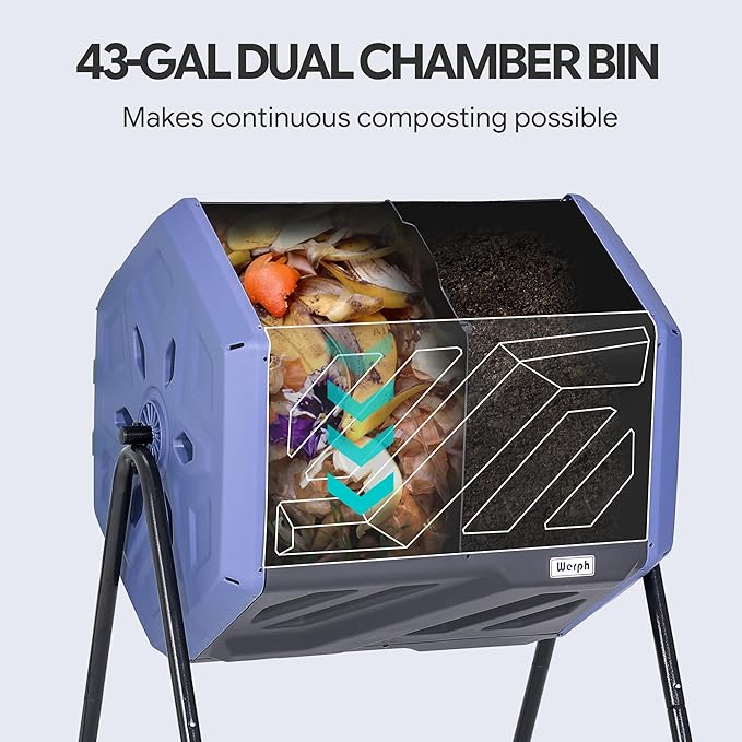 Werph Updated 43 Gallon Dual-Chamber Compost Bin, Fast Assembly Rotating Outdoor Compost Tumbler, Batch Composter with Gloves for Garden, Kitchen, and Yard Waste, Purple & Black