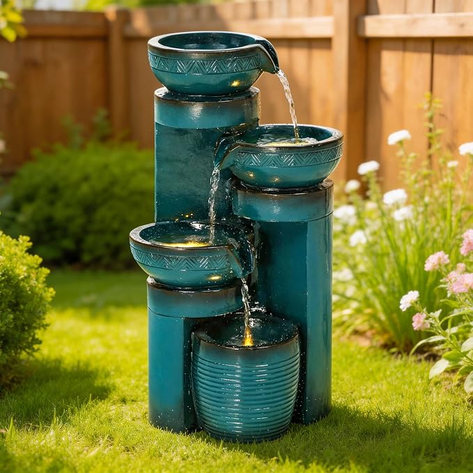 AUTODAYA 19.3" Outdoor Water Fountain with LED Lights, 4-Tier Cascading Water Feature with Pump, Turquoise Faux Ceramic Pedestal Waterfall for Garden, Patio, Yard or Porch