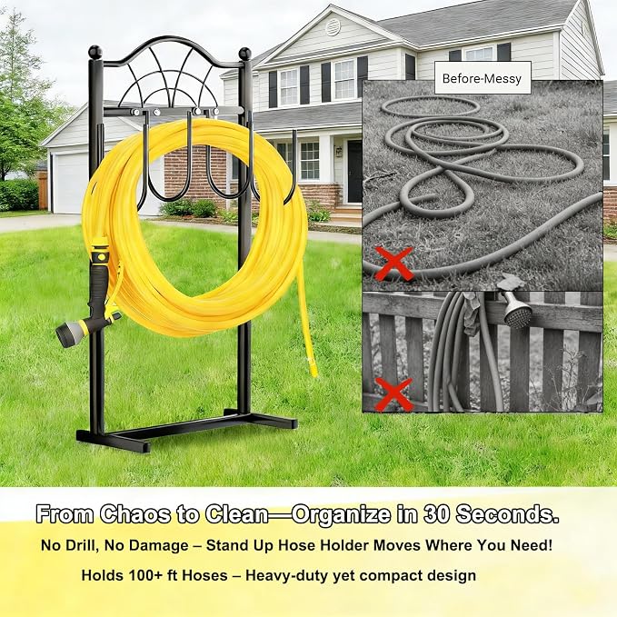 2 Pack Garden Hose Holder,Upgraded Freestanding Hose Holder with 4 Spikes, Heavy Duty Metal Hose Reel,Sturdy Hose Stand Holds up to 100ft Hose for Outside,Yard & Lawn Garden,Black