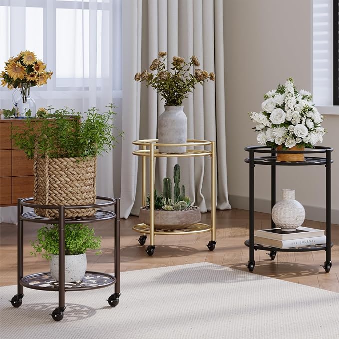 2 Tier Heavy Duty Rolling Plant Stand – 150 lbs Capacity Flower Pot Holder with Wheels for Indoor & Outdoor, Easy Move Cart for Balcony, Patio, Garden, 2 Pack Coffee
