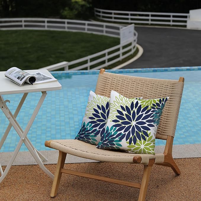 DFXSZ Navy Blue Flower Pillow Covers 18x18 Inch Set of 2 White Gray Colored Throw Pillows Outdoor Waterproof Decor for Living Room Sofa Patio Funiture Garden Floral Polyester Pillow Covers 002P18