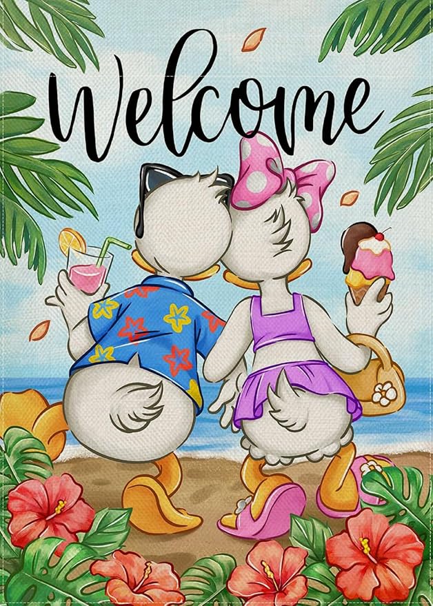 Selmad Welcome Summer Cartoon Duck Decorative Garden Flag, Beach Coastal Hibiscus Flower Tropical Home Yard Outdoor Decor, Hawaii Nautical Seasonal Small Outside Decoration Double Sided 12 x 18