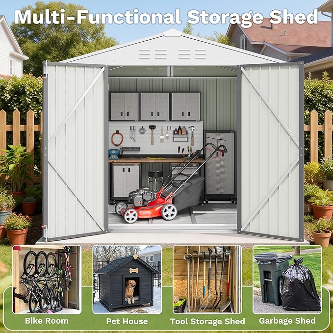 Greesum 8x6FT Outdoor Storage Shed with Base, Utility Tool Shed with Sloping Roof, Metal Storaged Garden Shed with Door & Lock for Patio Storage, Gray