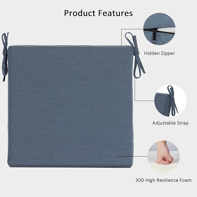 Sunbrella Outdoor Patio Chair Cushions Set of 4, Water-Resistant Stain-Resistant Weather Resistant Patio Seat Cushions Pad with Adjustable Straps,20"x20"x3.1",Sunbrella Spectrum Denim