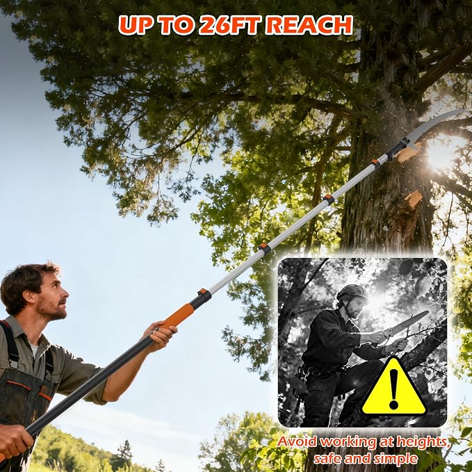 26FT Reach Pole Saws for Tree Trimming, Manual Pole Saw with 5-20FT Telescoping Extension Pole, Pruning Saw with 17" 3X Detachable Saw, Branches Pruner for Garden, Palms & Shrubs Yard Maintenance