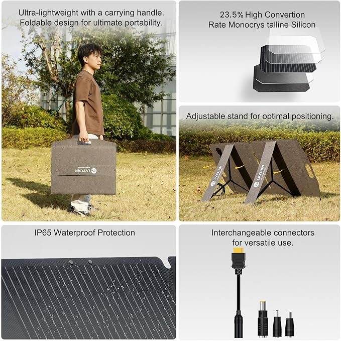 LVYUAN 100W Portable Solar Panel for Power Station, Foldable Solar Panel 23.5% Mono Cell with ETFE, IP65 Waterproof with 4-in-1 Adapter Battery Charger for Outdoor Camping Van RV Trip