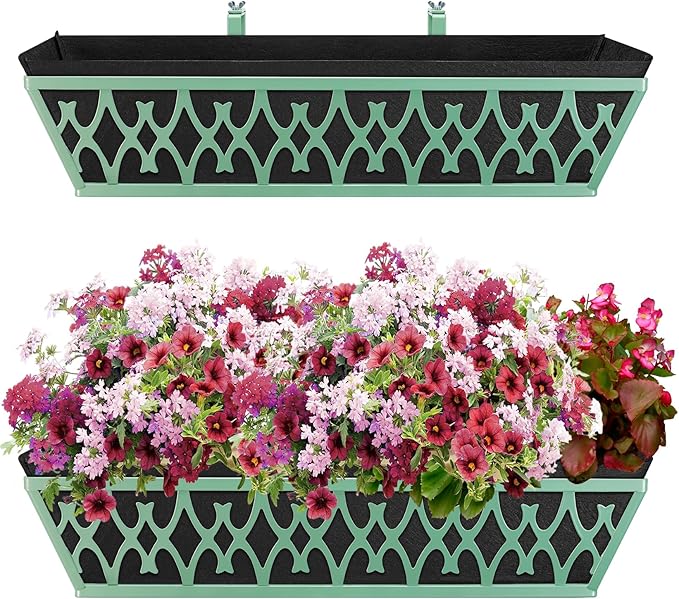 4 Pack 24 Inch Window Boxes Planters Railing Planter Box with Adjustable Brackets & Non-Woven Fabric Plant Grow Bags Deck Railing Planter Boxes Balcony Hanging Flower Box for Outdoor Plants