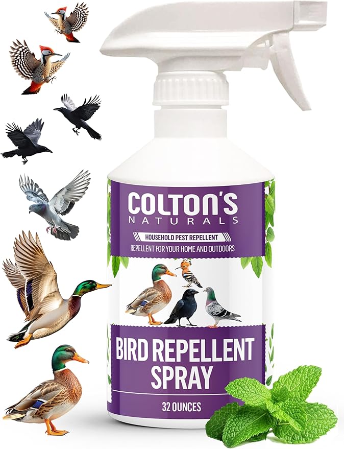 Bird Repellent Spray (32 OZ) Deter Birds from Outdoor Surfaces, Garden Areas Deterrent Natural Woodpecker, Pigeon and More Natural