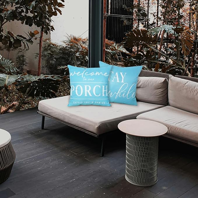 TAJWE Blue Outdoor Pillow Covers Waterproof 16x16 Set of 2 Welcome to Our Porch Stay Awhile Cushion Cases for Patio Furniture Sofa Couch Decor