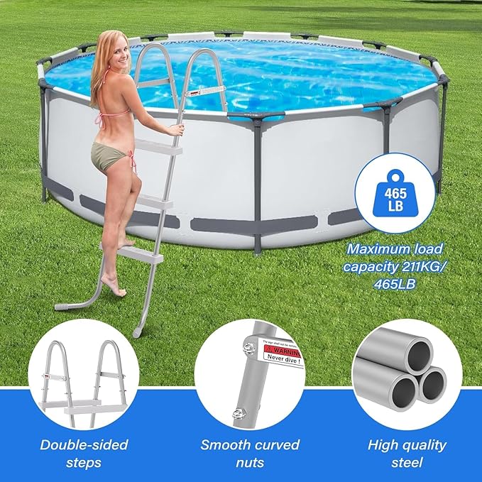 36" 3-Step Steel Frame Above Ground Swimming Pool Ladder,Heavy Duty Double Sided Removable Pool Steps,Pool Ladder Steps with Non-Slip Plastic Steps for Entry and Exit