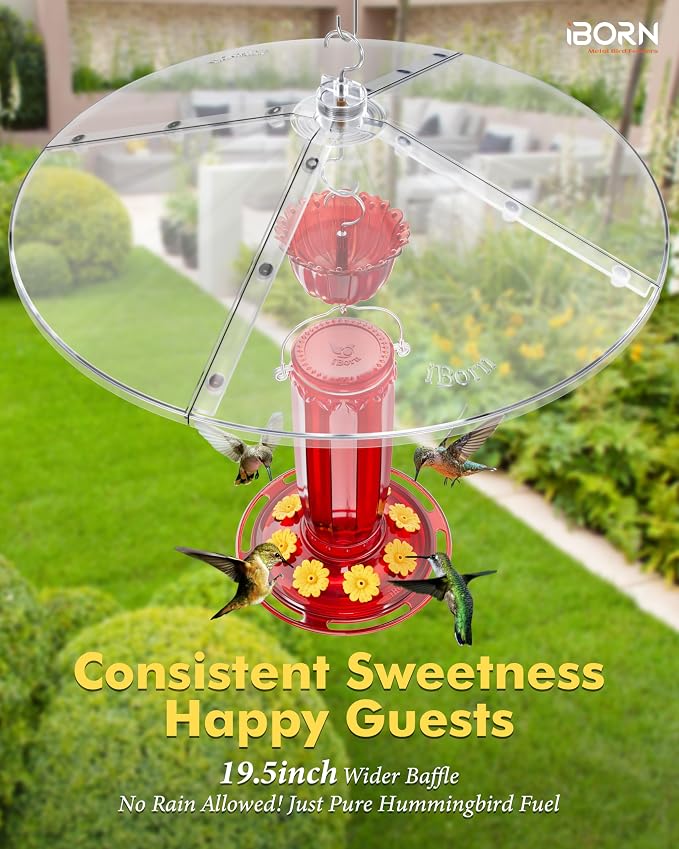 iBorn Glass Hummingbird Feeder for Outdoors Hanging,8 Ports for 16oz,Red+19.5” Oversized Birdfeeder Baffle, Squirrel Defender,Chew-Proof PC, Transparent