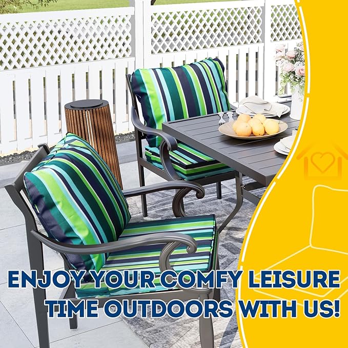 AAAAAcessories Outdoor Seat Cushions for Chairs, Fade-Resistant, Waterproof Patio Furniture Replacement Cushions, 22" x 22" x 3" + 22" x 17", Stormy Teal Coastal Stripe
