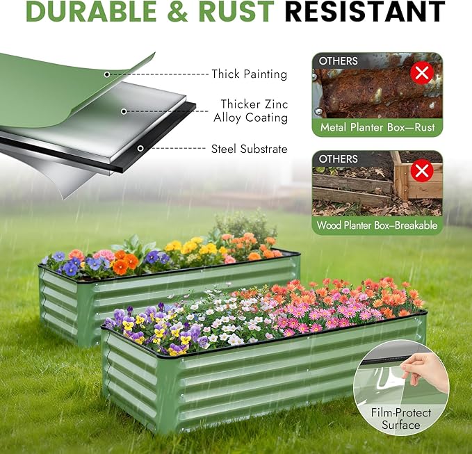 INNO STAGE Galvanized Raised Garden Bed Kits, 4x2x1ft Metal Raised Garden Beds Outdoor, Steel Raised Planter Bed with Gloves for Vegetables & Flowers Patio Ground Planter Box (Olive Green, 2PCS)