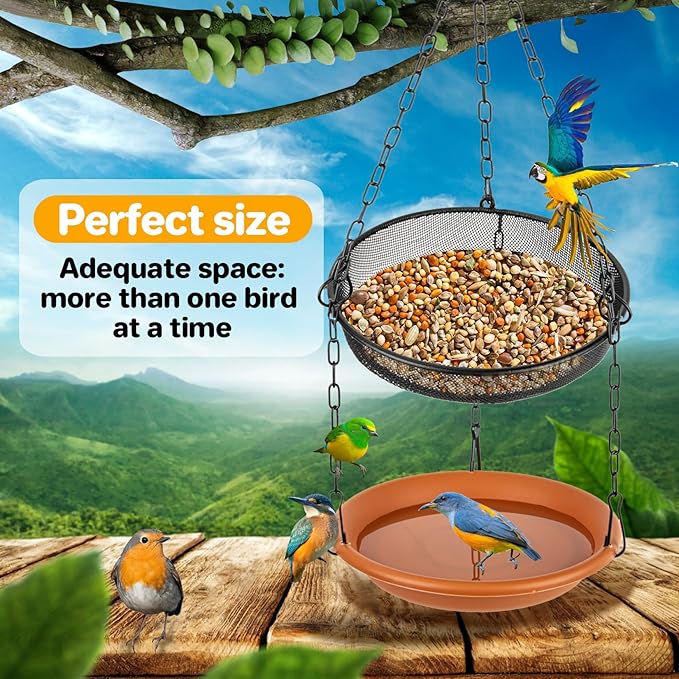 RAINFLOW Hanging Bird Bath for Outdoors - Hanging Bird Feeder for Outside, Platform Bird Water Feeder Bath Tray Wildlife Feeder,Tray for Outdoors Garden Backyard Attracting Wildbirds，2 in 1 Set