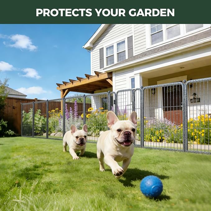 FXW Garden Fence Outdoor for the Yard – 24in(H) x 60.9ft(L) Heavy Duty Metal Animal Barrier for Dog, No Dig Decorative Dog Fence, 32 Panels, Silver