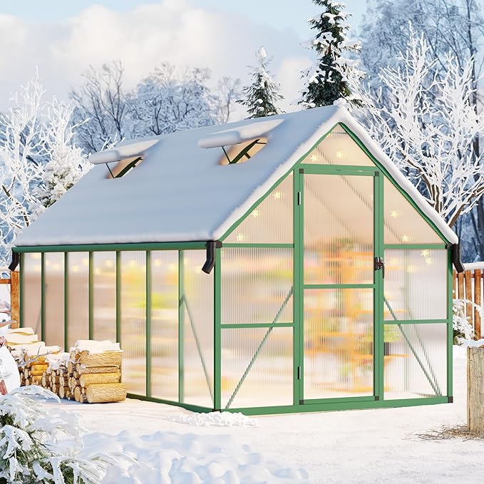 CABIHOME 8x14 FT Outdoor Greenhouse, Polycarbonate Greenhouse with Roof Vent and Ground Nails, Aluminum Large Walk-in Green House w/ Lockable Push Door for Outside Garden Backyard (Green, 8x14 FT)