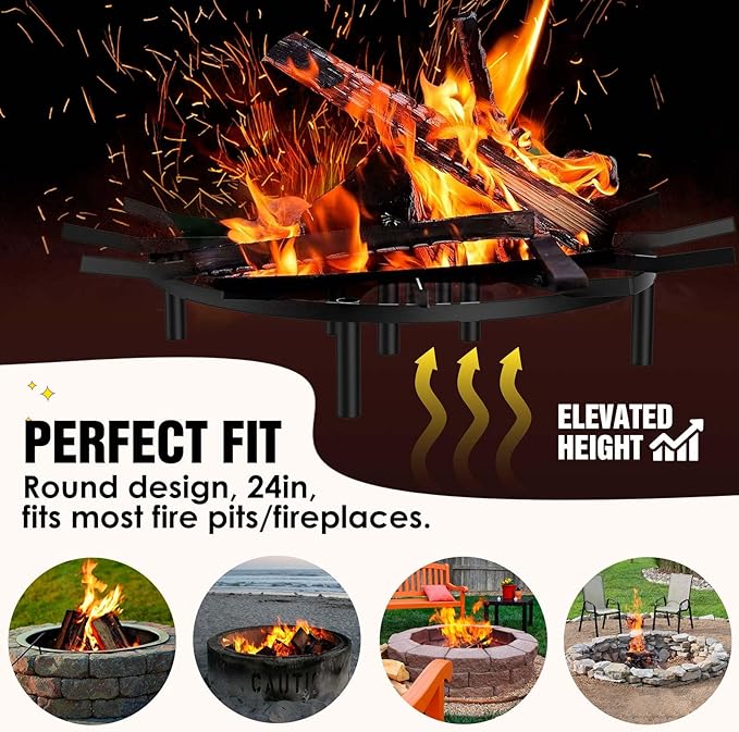 24" Round Fire Pit Grate - 8-Leg Design with 12 Bars, Reinforced Rim & High-Temp Powder Coat for Ultimate Stability & Safety - Ideal for Fireplace, Hearth, Wood Stove and Outdoor Campfire