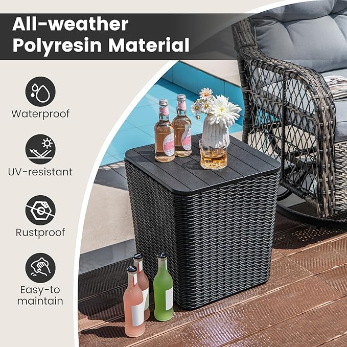 Giantex 11.5 Gallon Deck Box, Outdoor Side Table with Removable Lid, Faux Wicker-Woven, 330Lbs Capacity, Outside Waterproof Storage Box, Resin Rattan Small Coffee Table for Patio Poolside (Black)