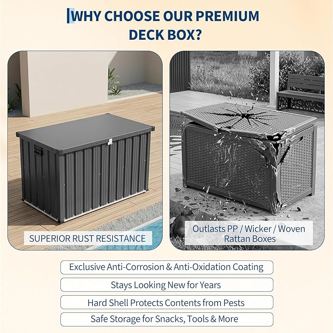 Metal Deck Box 200 Gallon Waterproof Patio Storage Container, Metal Outdoor Storage Box with 0.6 mm Galvanized Steel and 0.3 mm Coated Steel Panels, Large Bin with Wheels for Deck, Porch, Pools