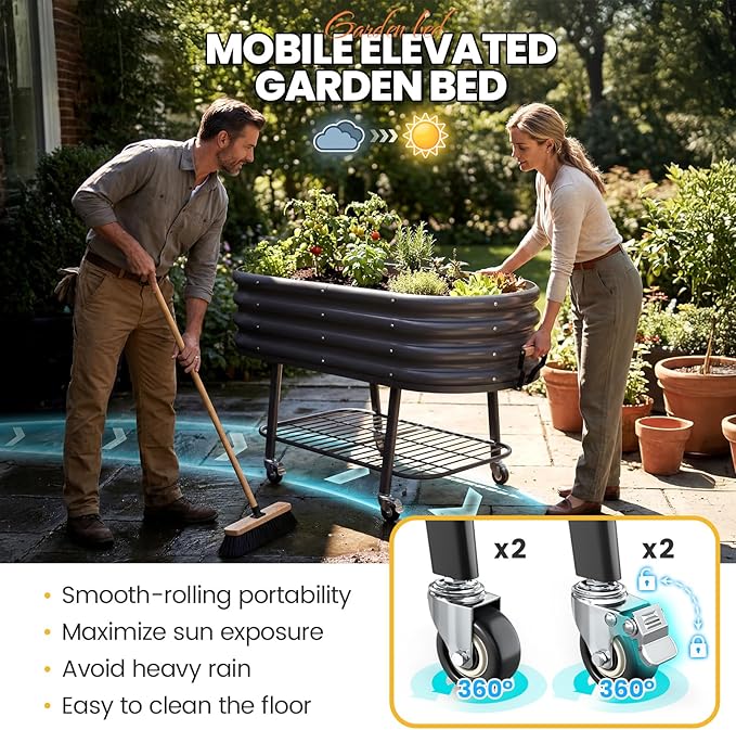 KING BIRD Large Raised Garden Bed with Legs Galvanized Elevated Planter Box 47.2x23.6x29.9 in for Backyard, Patio, Balcony, Dark Grey